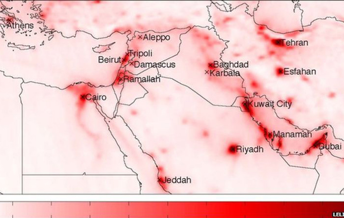این نقشه میزان آلودگی هوا در شهرهای بزرگ خاورمیانه را نشان می‌دهد
