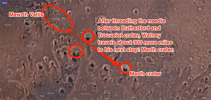 شخصیت فیلم بعد از عبور از Mawrth Vallis به قسمتی به نام دهانه Marth می‌رسد. این دهانه یکی از هزاران دهانه‌ای است که بر اثر برخورد لایه‌های درونی سیاره مریخ به وجود آمده‌اند. این دهانه 61 مایل طول دارد و نام آن از روی دانشمند آلمانی که Alber Marth نام داشت، برداشته شده است. این دانشمند در قرن 19 میلادی زندگی می‌کرده است.