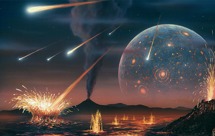 یک نقاشی فرضی از سیاره‌ی تیا که در حال نزدیک شدن و برخورد با زمین است