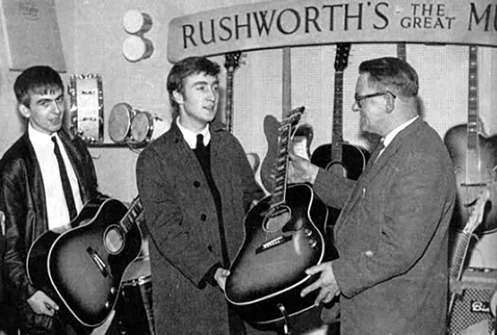 In-September-of-1962,-John-Lennon-and-George-Harrison-each-purchased-jumbo-J-160E-Gibson-acoustic-guitars-from-Rushworth's-Music-House-in-Liverpool-for-£161.