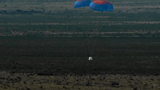New Shepard's astronaut module, unmanned at this stage, landed safely via parachutes