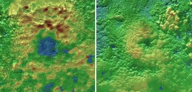 Piccard Mons (L) and Wright Mons (R) The colours denote height. Blue is low; brown is high; green is intermediate in height