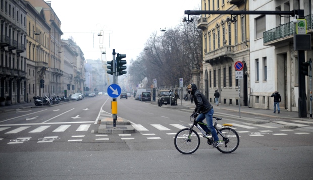 1-A cyclist rides in Porta Venezia, Milan, Italy, on Dec. 28