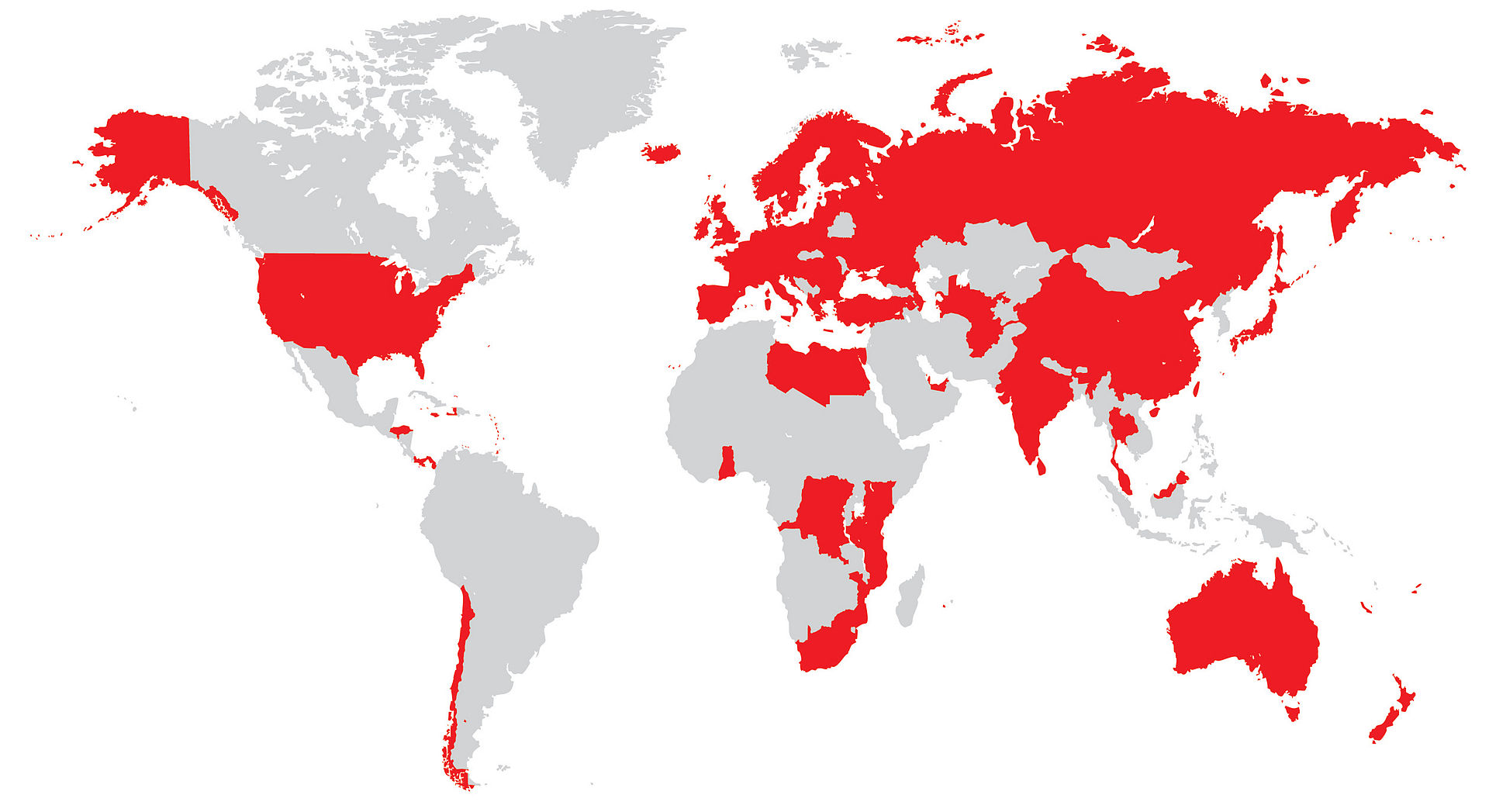 تمام کشورهایی که وودافون در آن‌ها فعالیت می‌کند، با رنگ قرمز مشخص شده است.