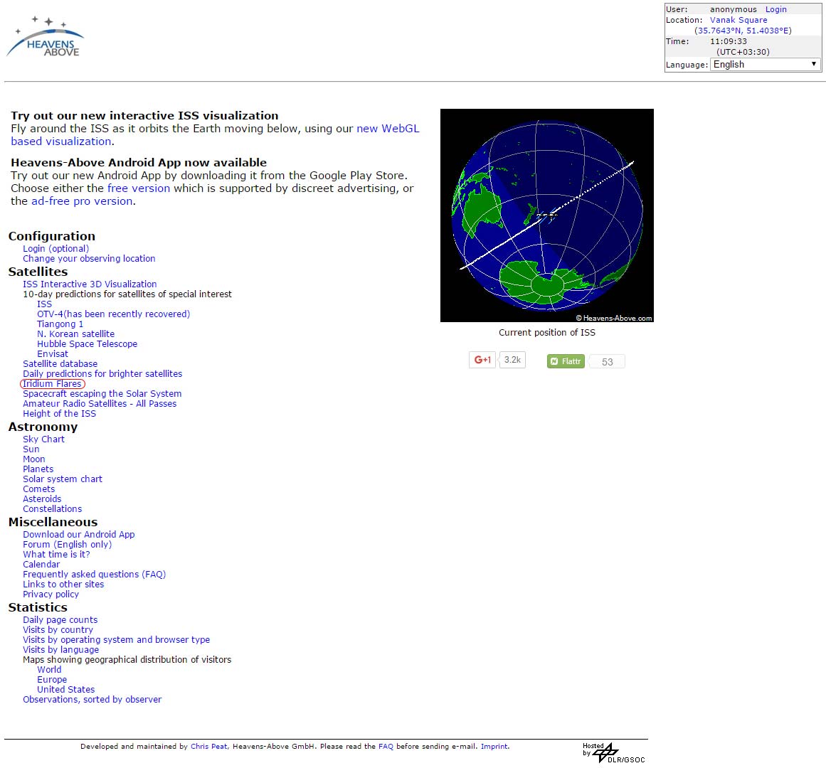 برای دیدن ماهواره‌های ایریدیوم می‌توانید به صفحه‌ی اول بازگردید و روی گزینه‌ی Iridium Flares کلیک کنید