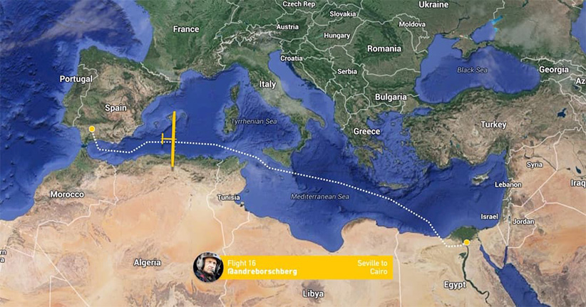 مسیر حرکت سولارایمپالس 2 از اسپانیا به مصر
