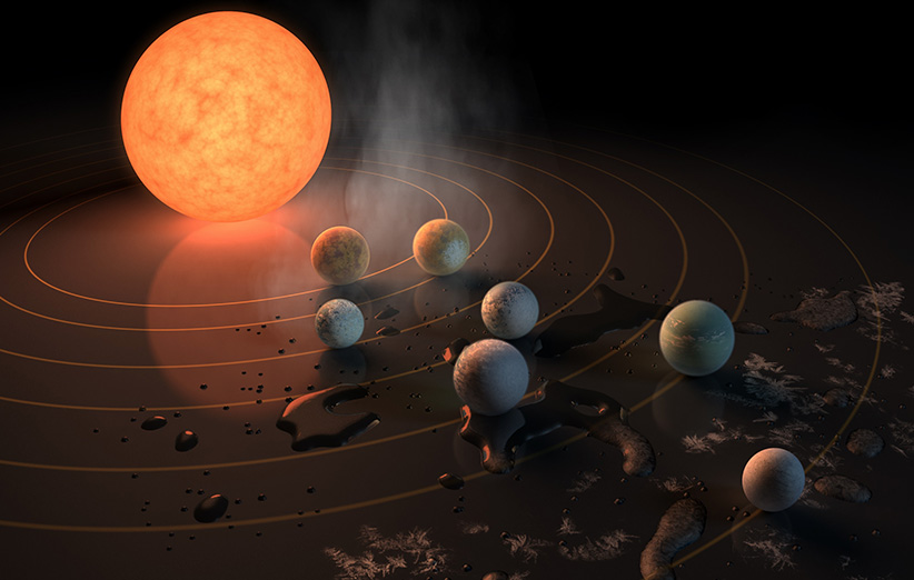 یک طرح هنری از هفت سیاره‌ی منظومه‌ی TRAPPIST-1