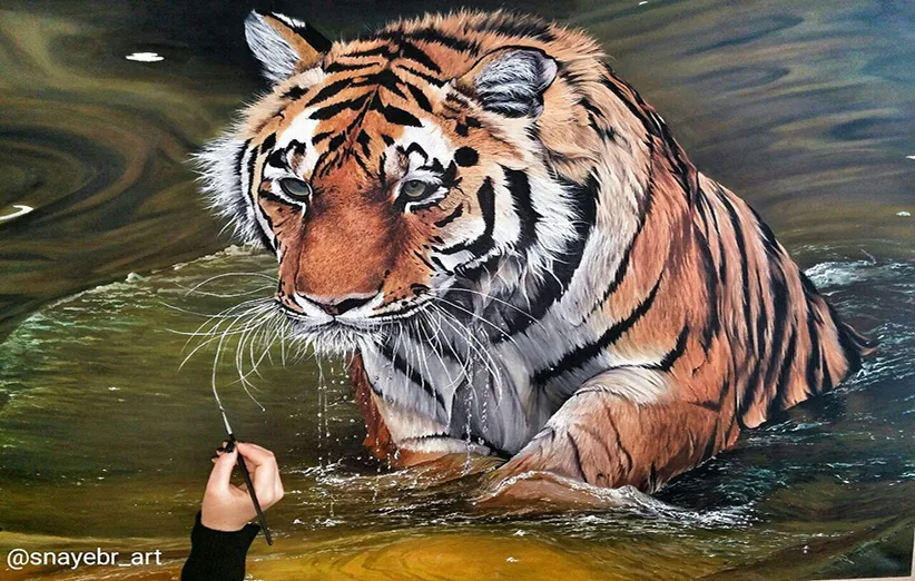 نقاشی فوق واقع‌گرایانه از ببر سیبری، اثر هنرمند ایرانی مریم نایب رزمگاهی