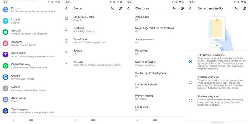 ژست‌های حرکتی اندروید ۱۰