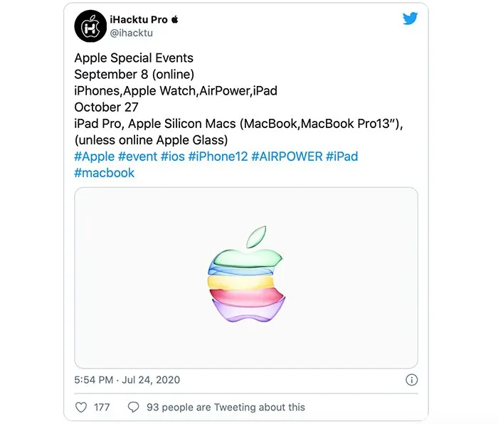 توییت حساب کاربری iHacktu از تاریخ مراسم‌های آیفون 12 و آیپد پرو جدید