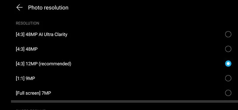 تنظیمات رزولوشن در دوربین عکاسی گوشی هواوی نوا 7i