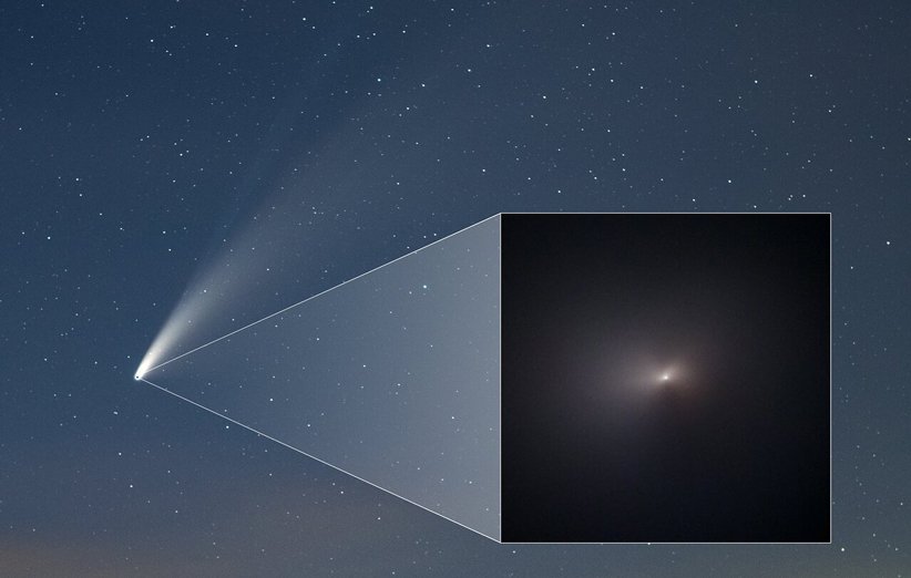 مقایسه‌ی میدان دید تلسکوپ هابل با تصویری نمای باز از دنباله‌دار نئووایز