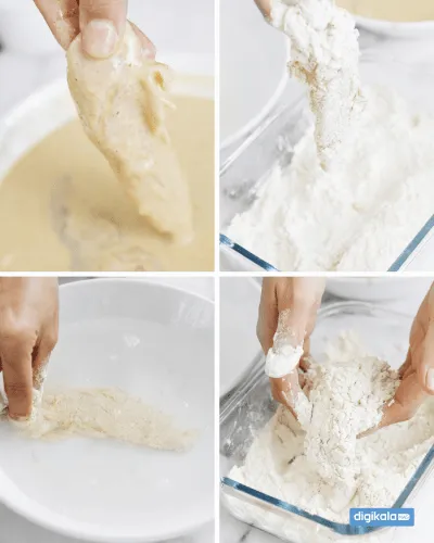 روش غلتاندن و پولکی کردن فیله استریپس مرغ در آرد