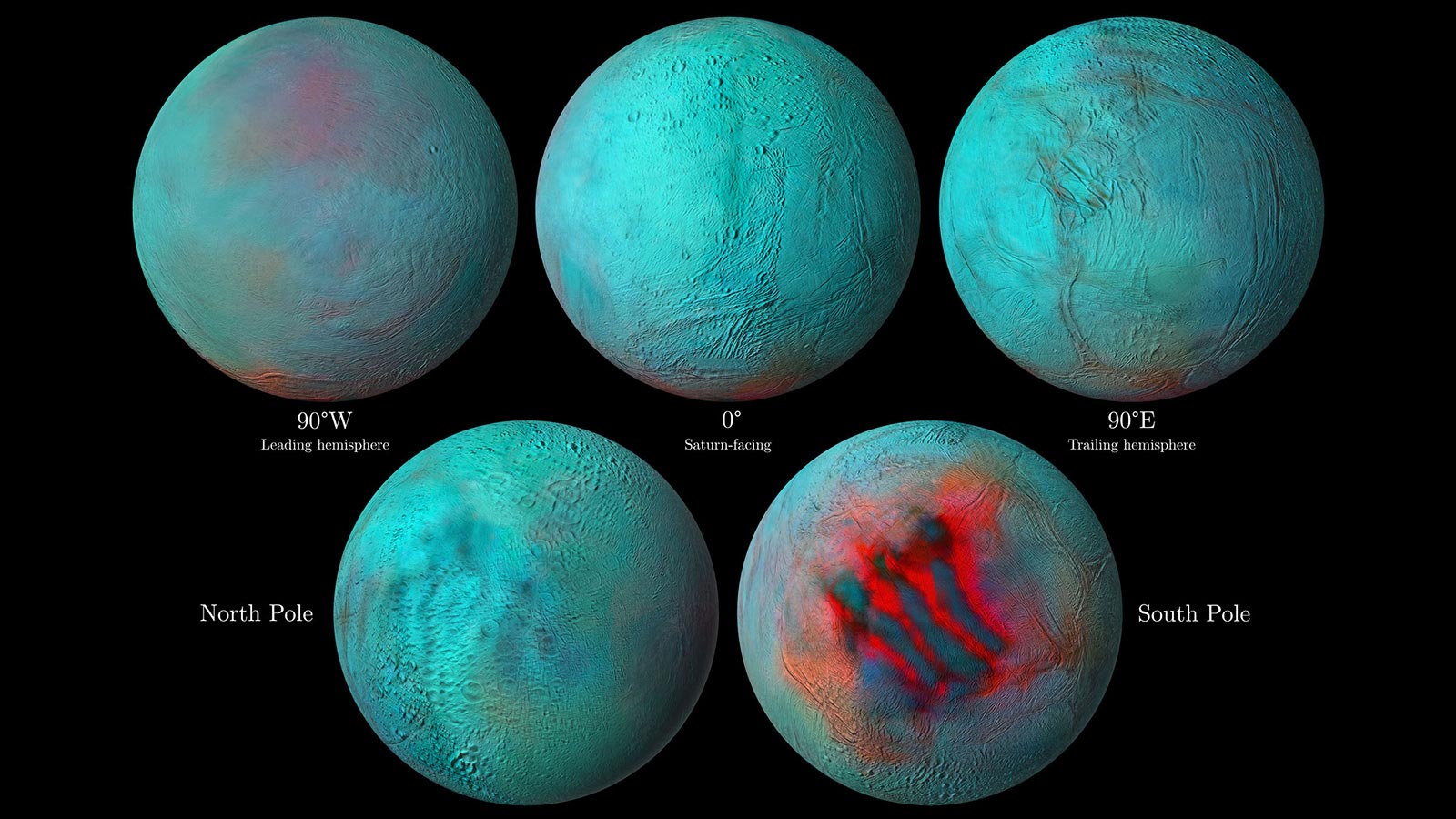 تصویر بخش‌های گوناگون قمر انسلادوس زحل در طیف فروسرخ