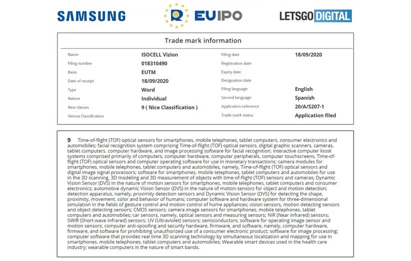 اسناد مربوط به سنسور مدت پرواز سامسونگ در EUIPO