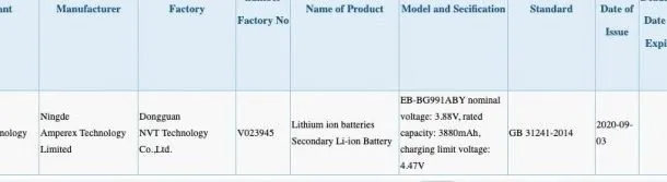 مشخصات باتری گلکسی اس 21