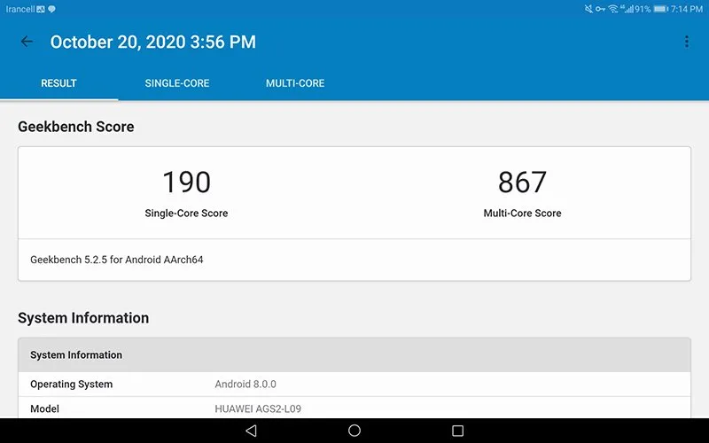 تصویری از بنچمارک تبلت هواوی مدیاپد T5 در اپلیکیشن GeekBench