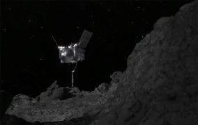 طرح گرافیکی عملیات نمونه‌برداری اسیریس رکس از سطح سیارک بنو