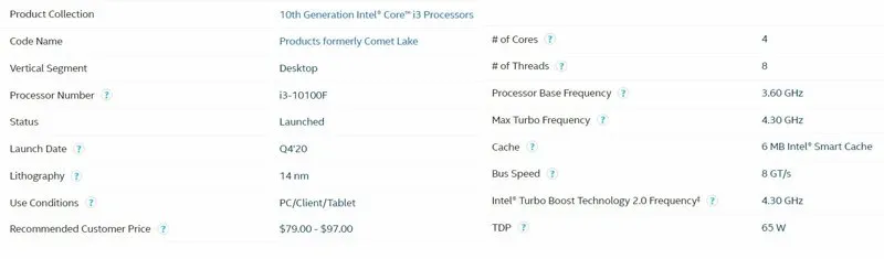 مشخصات پردازنده اینتل Core i3-10100F
