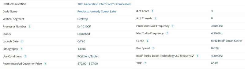 مشخصات پردازنده اینتل Core i3-10100F