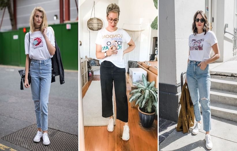 شلوار جین مام استایل، تی‌شرت گرافیکی و کفش ورزشی سفید