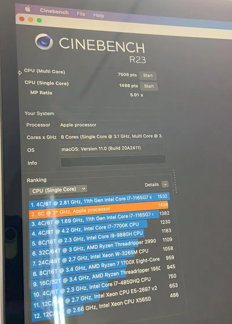 بنچمارک Cinebench اپل M1