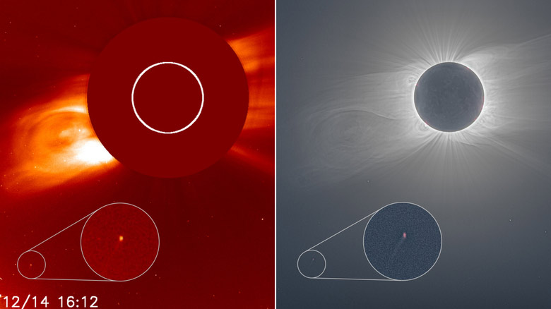 مقایسه‌ی تصویر دنباله‌دار تازه کشف شده از نگاه سوهو (چپ) و تصویر کامپوزیتی هنگام خورشید گرفتگی (راست)