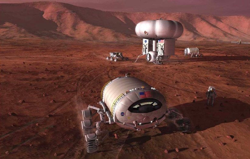 طرحی گرافیکی از حضور مأموریت‌های رباتیک و سرنشین‌دار ناسا در مریخطرحی گرافیکی از حضور مأموریت‌های رباتیک و سرنشین‌دار ناسا در مریخ