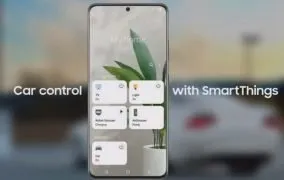 طرحی از برنامه‌ی SmartThings سامسونگ در دستگاه همراه، که با اندروید اتو یکپارچه‌ شده است.