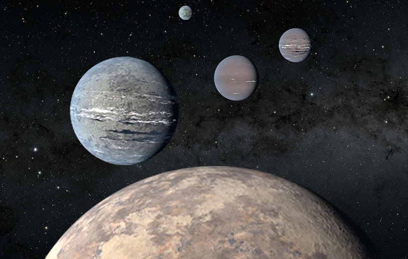 طرحی گرافیکی از منظومه‌ی TOI-1233 با چهار سیاره‌ی فراخورشیدی