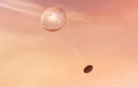 طرحی گرافیکی از باز شدن چتر نجات مریخ‌نورد پشتکار ناسا در جو مریخ