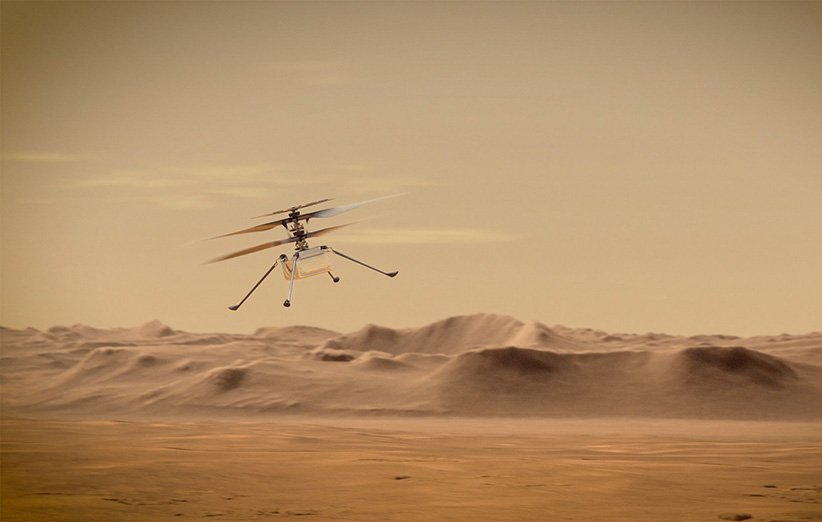 طرحی گرافیکی از پرواز بالگرد مریخی نبوغ در سیاره‌ی سرخ