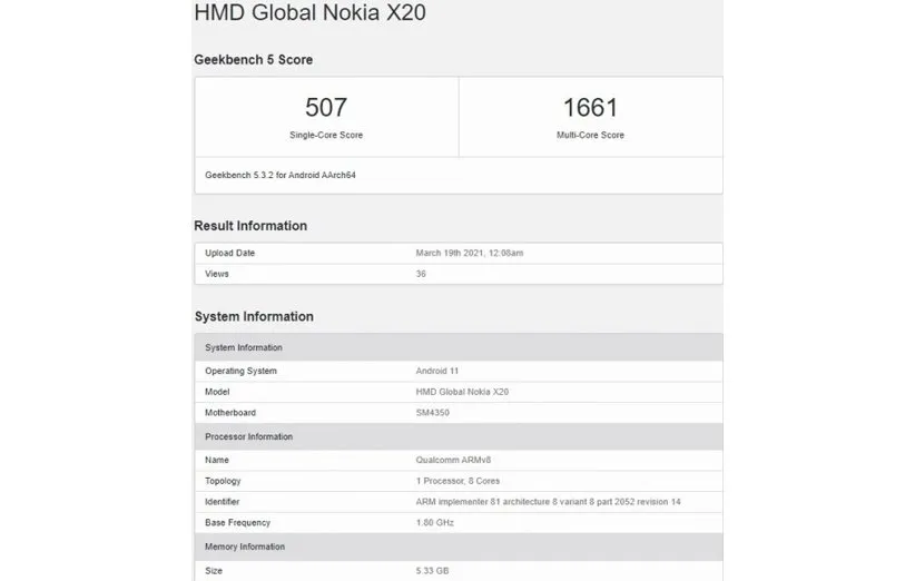 بنچمارک گیک‌بنچ گوشی نوکیا X20