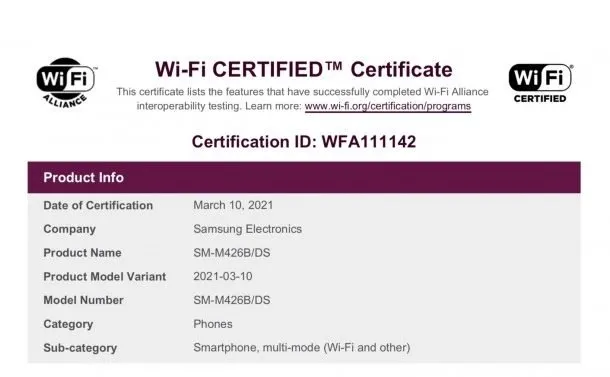 گواهی وای‌فای گلکسی M42
