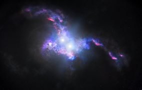 طرحی گرافیکی از یک سامانه‌ی اختروش دوتایی در کهکشان‌های در حال ادغام