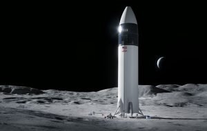 طرحی گرافیکی از فضاپیمای سرنشین‌دار استارشیپ اسپیس‌ایکس بر روی ماه