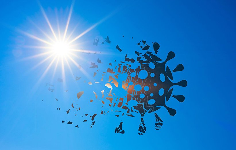 طرحی گرافیکی از اثر نور خورشید بر ویروس کرونا