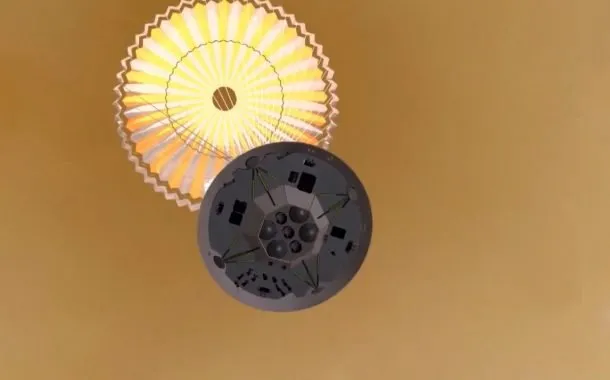 طرحی گرافیکی از فرآیند فرود مریخ‌نورد ژورونگ چین بر سطح مریخ