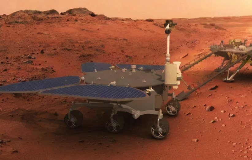 طرحی گرافیکی از گام گذاشتن مریخ‌نورد ژورونگ بر سطح مریخ
