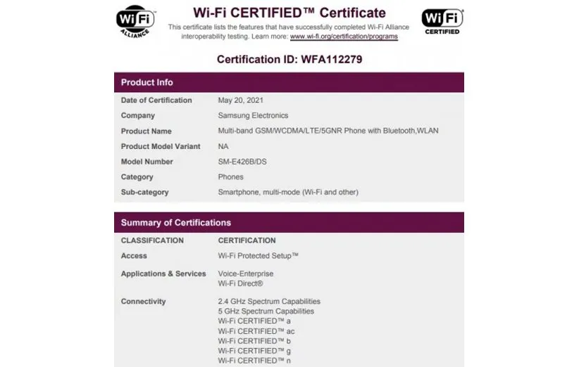 گواهی وای‌فای گوشی سامسونگ گلکسی F42 5G