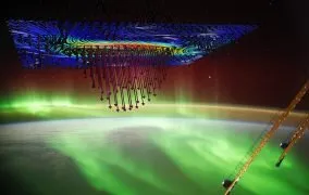 طرحی گرافیکی از آزمایش پژوهشگران دانشگاه آیووا و شبیه‌سازی شفق قطبی