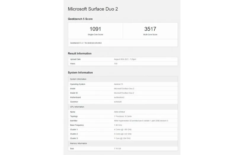 بنچمارک گیک‌بنچ مایکروسافت سرفیس Duo 2