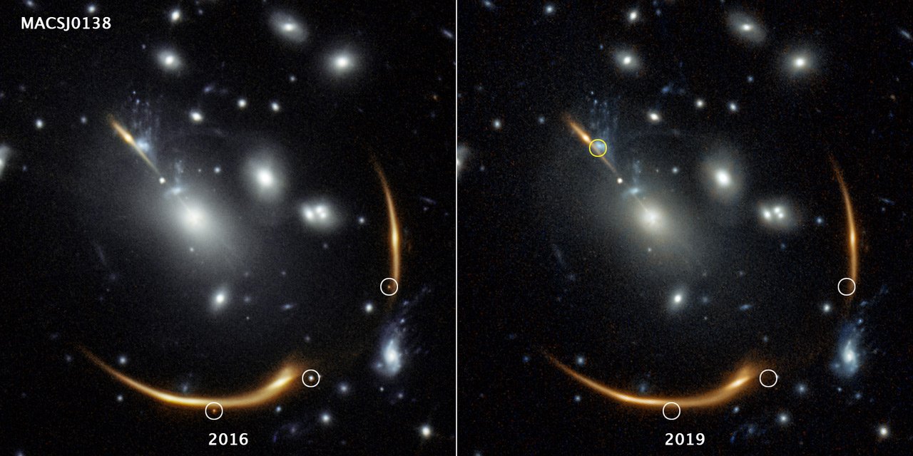 عکس هابل از خوشه‌ی کهکشانی MACS J0138 و مقایسه‌ی دیده شدن ابرنواختر رکوییم