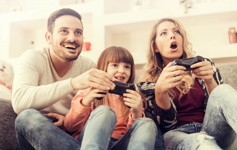 Family playing video games