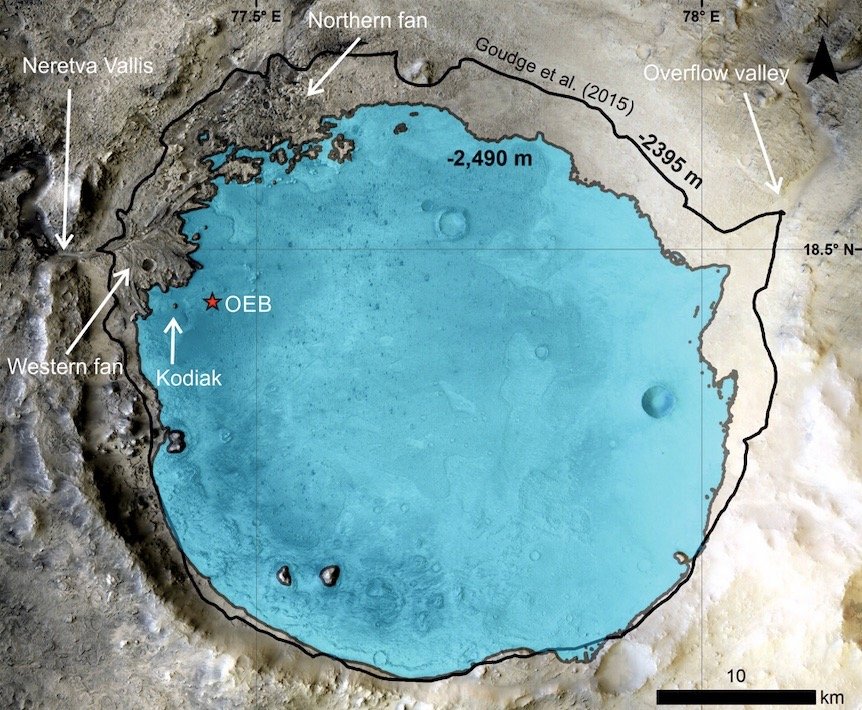 سطح آب دریاچه‌ی جزرو باستانی در مریخ