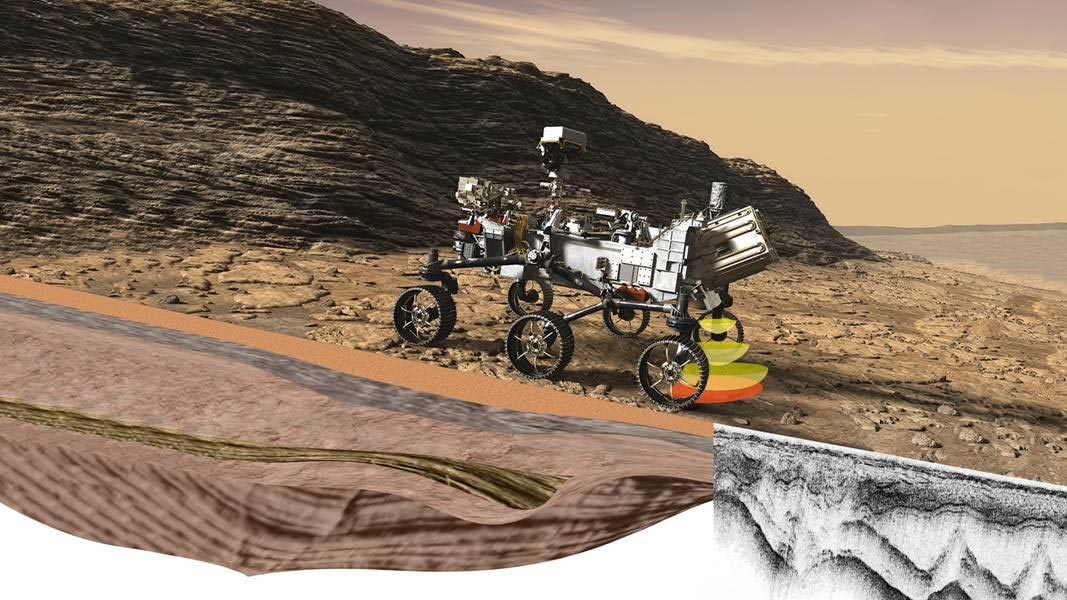 طرحی گرافیکی از مریخ‌نورد پشتکار در جال جست‌وجوی زیرسطح مریخ با ابزار ریمفکس