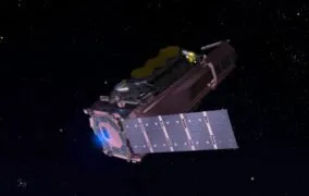 طرحی گرافیکی از جیمز وب تا شده در مسیر فضایی