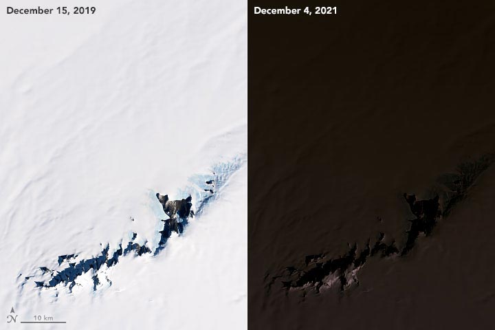 مقایسه‌ی تصویر کوه‌های یخی پنساکولا در حالت عادی و زمان خورشیدگرفتگی