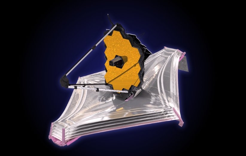 طرحی گرافیکی از تلسکوپ جیمز وب پس از استقرار بال سمت چپ آینه‌ی اصلی