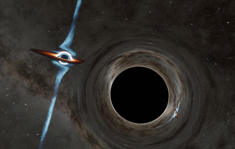 طرحی گرافیکی از دو سیاهچاله‌ی در حال گردش پیرامون یکدیگر
